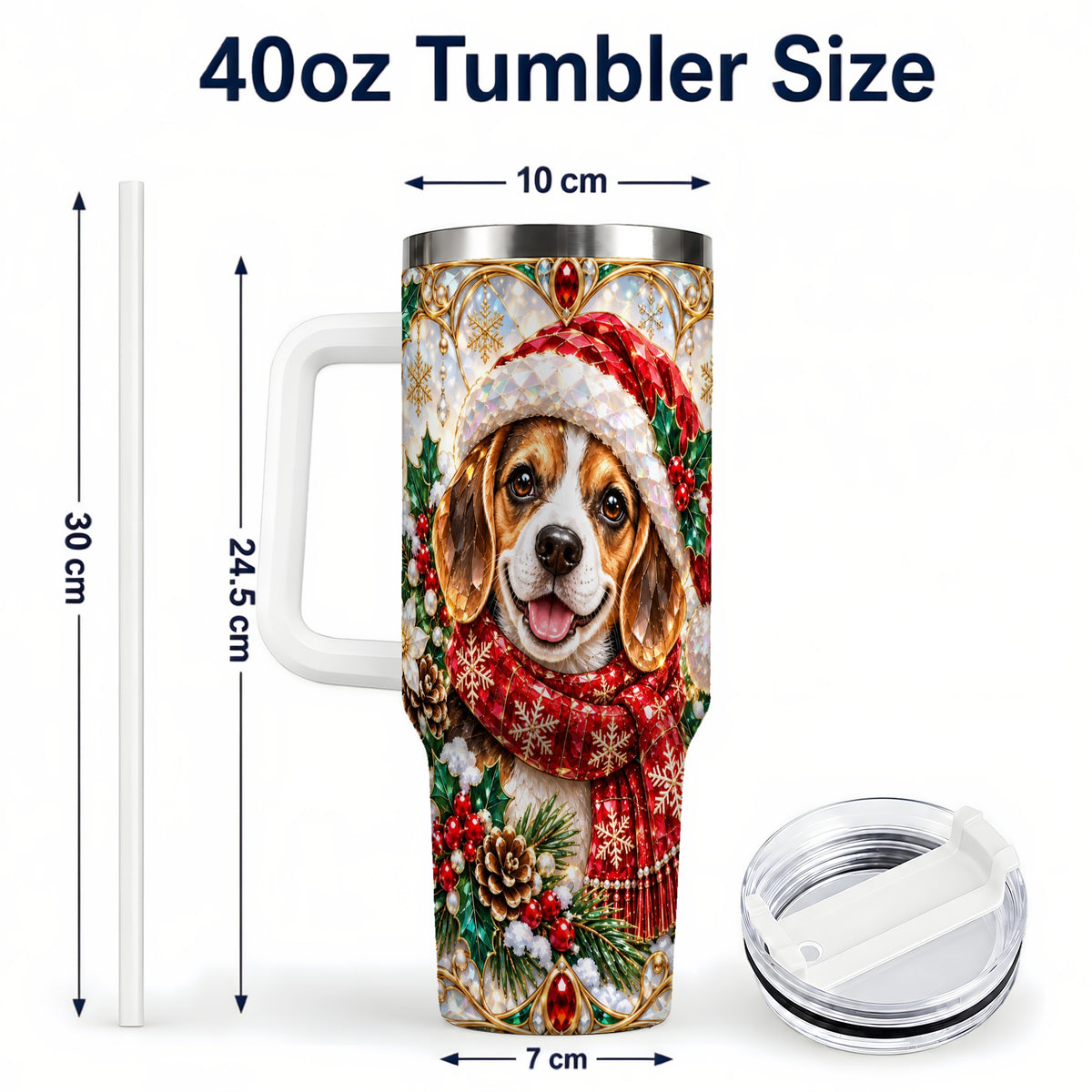 #pl[40oz|White] Jeweled Beagle 40oz Tumbler with Handle, Christmas Stainless Steel Cup