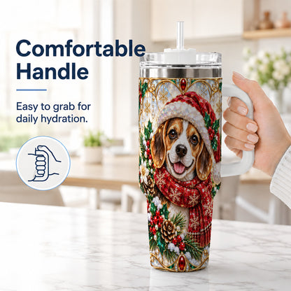 #pl[40oz|White] Jeweled Beagle 40oz Tumbler with Handle, Christmas Stainless Steel Cup