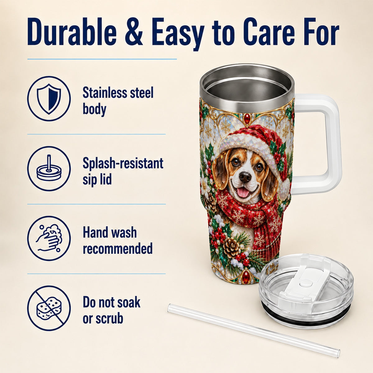 Jeweled Beagle 40oz Tumbler with Handle, Christmas Stainless Steel Cup