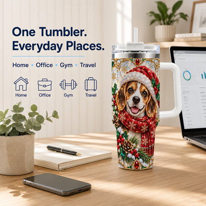 Jeweled Beagle 40oz Tumbler with Handle, Christmas Stainless Steel Cup