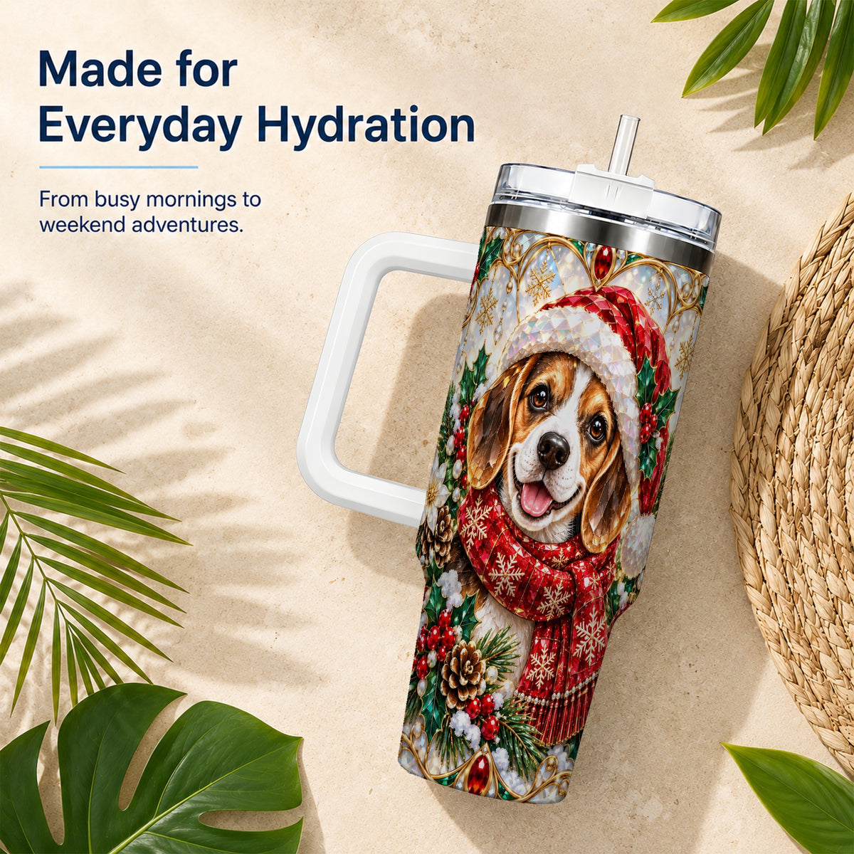 Jeweled Beagle 40oz Tumbler with Handle, Christmas Stainless Steel Cup