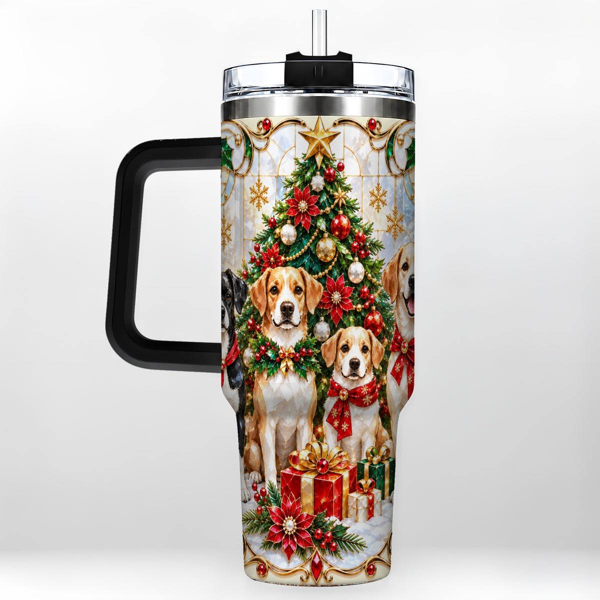 #pl[40oz|Black] Christmas Dogs 40oz Tumbler with Handle, Holiday Stainless Steel Cup