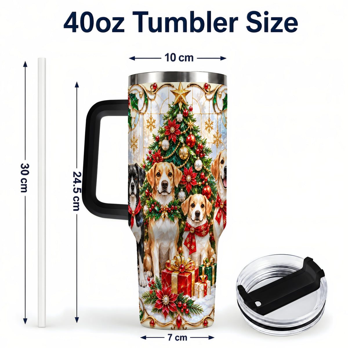 #pl[40oz|Black] Christmas Dogs 40oz Tumbler with Handle, Holiday Stainless Steel Cup