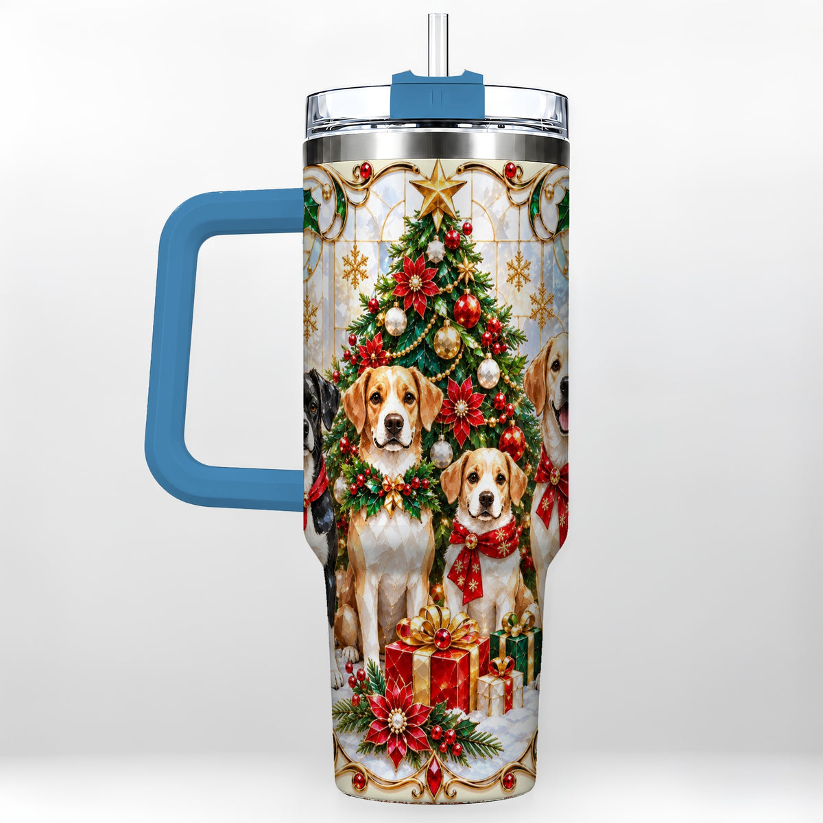 #pl[40oz|Blue] Christmas Dogs 40oz Tumbler with Handle, Holiday Stainless Steel Cup