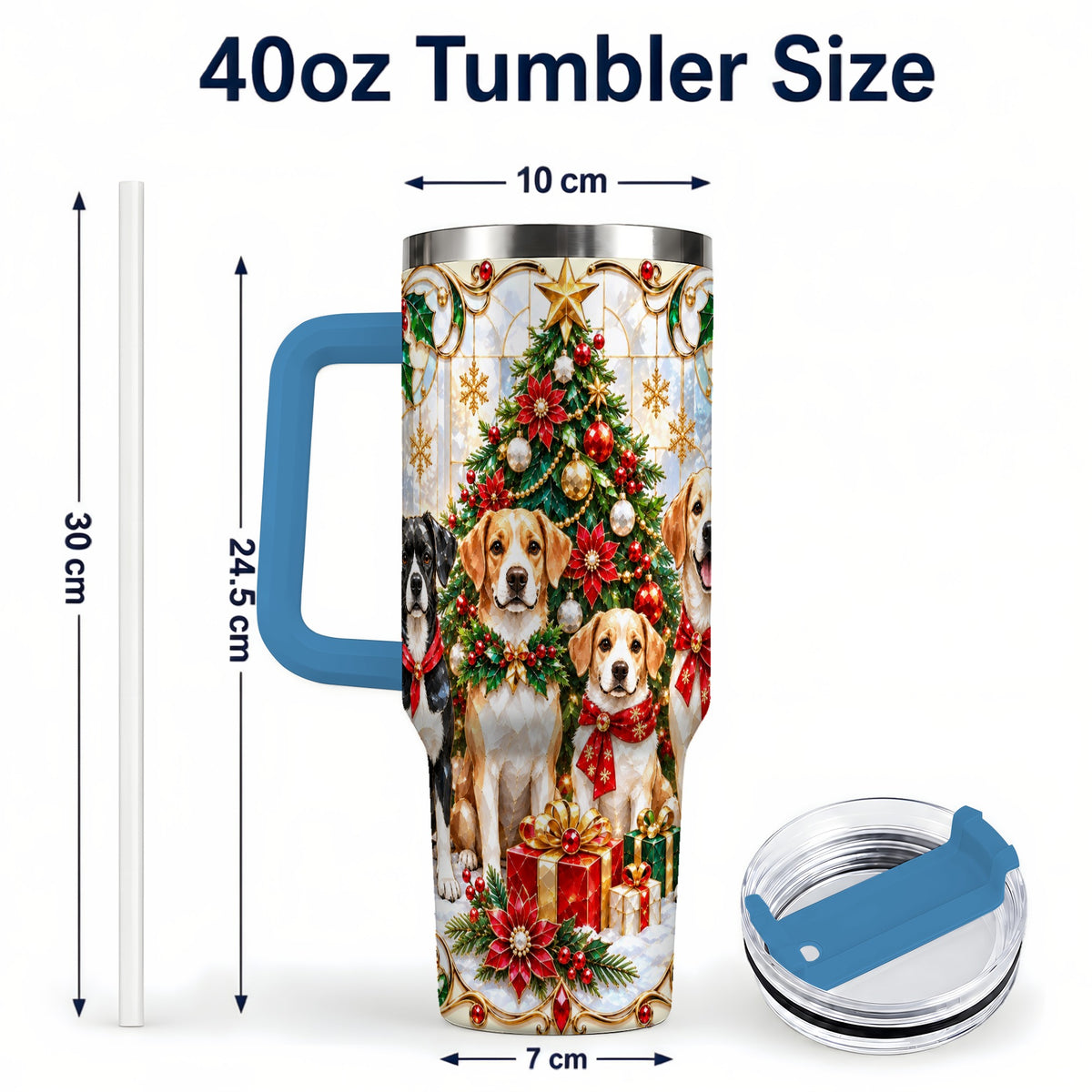 #pl[40oz|Blue] Christmas Dogs 40oz Tumbler with Handle, Holiday Stainless Steel Cup