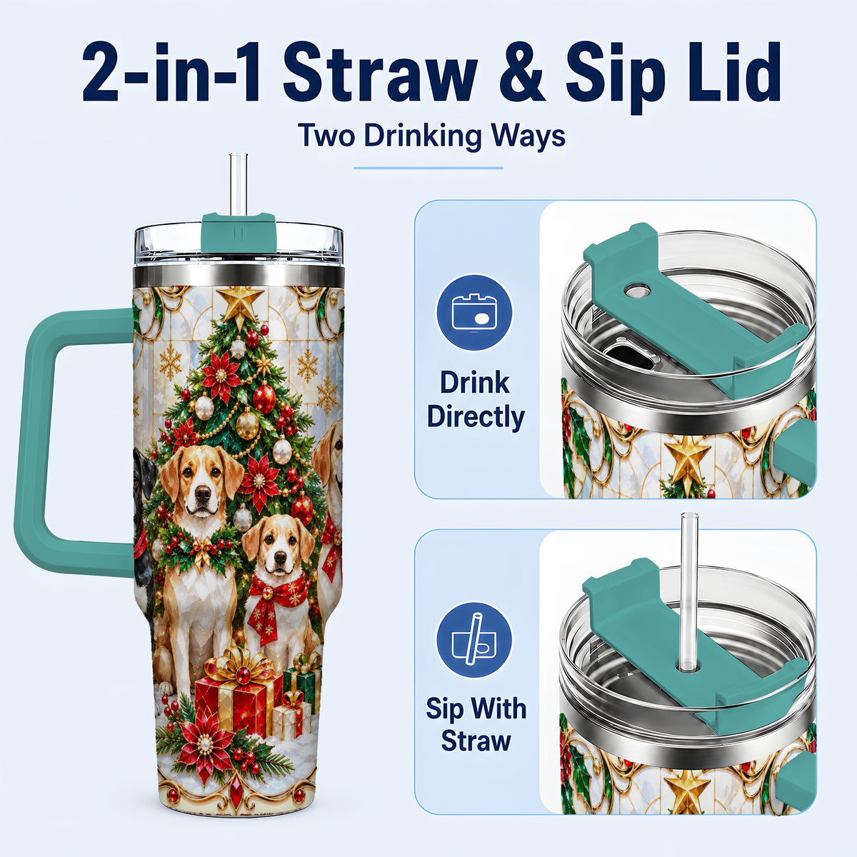 #pl[40oz|Green] Christmas Dogs 40oz Tumbler with Handle, Holiday Stainless Steel Cup