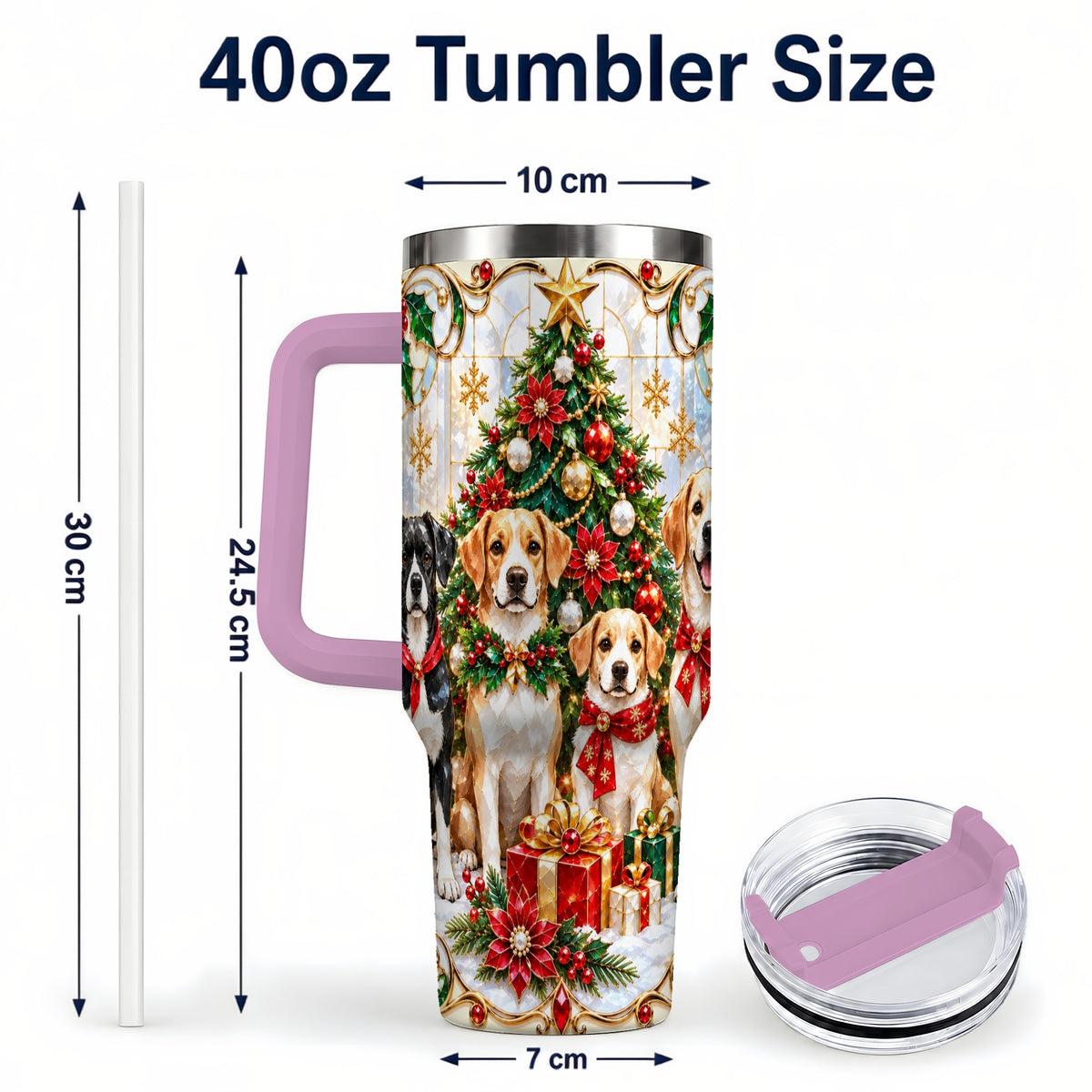 #pl[40oz|Pink] Christmas Dogs 40oz Tumbler with Handle, Holiday Stainless Steel Cup