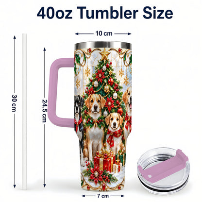 #pl[40oz|Pink] Christmas Dogs 40oz Tumbler with Handle, Holiday Stainless Steel Cup