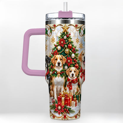 #pl[40oz|Pink] Christmas Dogs 40oz Tumbler with Handle, Holiday Stainless Steel Cup