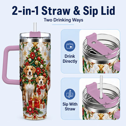#pl[40oz|Pink] Christmas Dogs 40oz Tumbler with Handle, Holiday Stainless Steel Cup