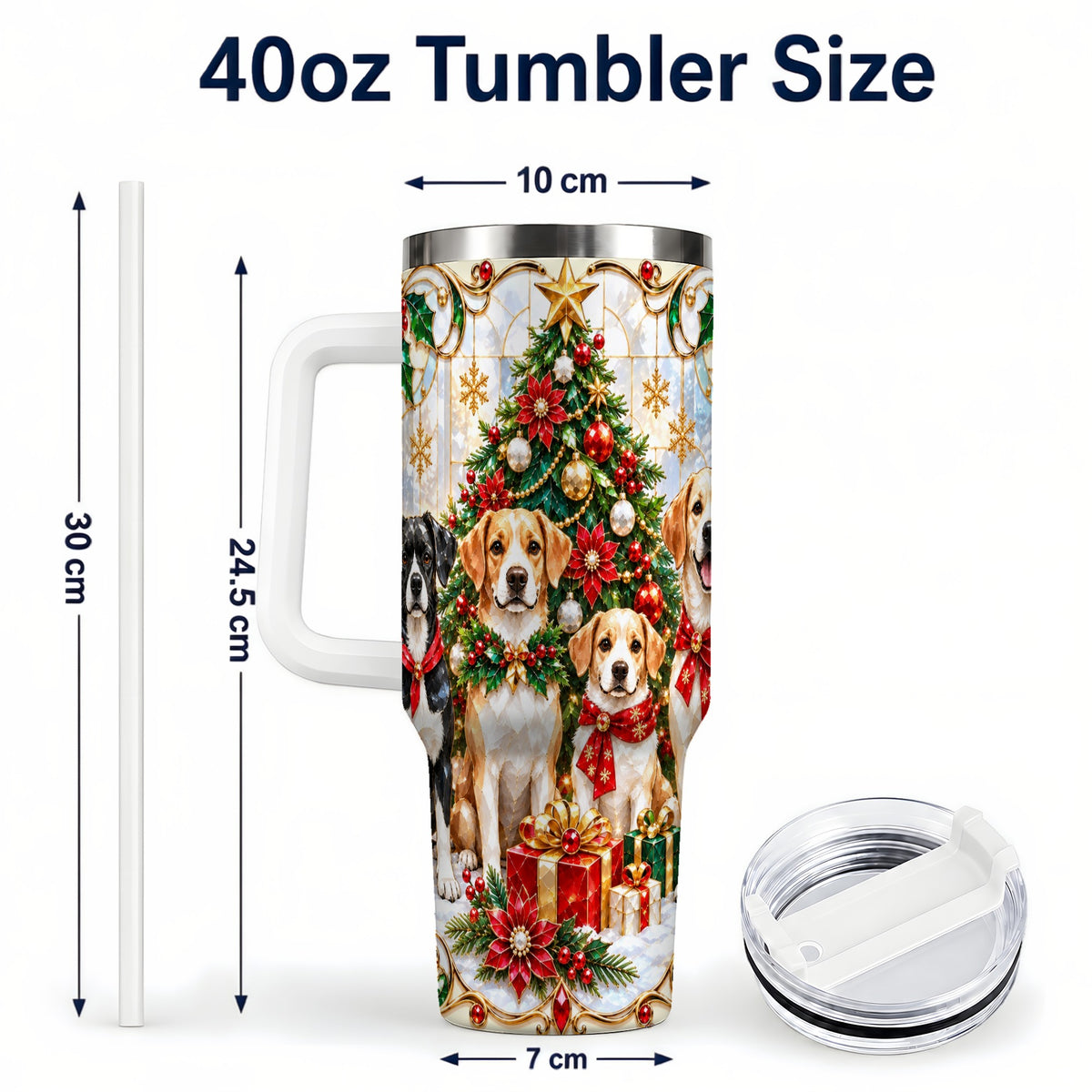 #pl[40oz|White] Christmas Dogs 40oz Tumbler with Handle, Holiday Stainless Steel Cup