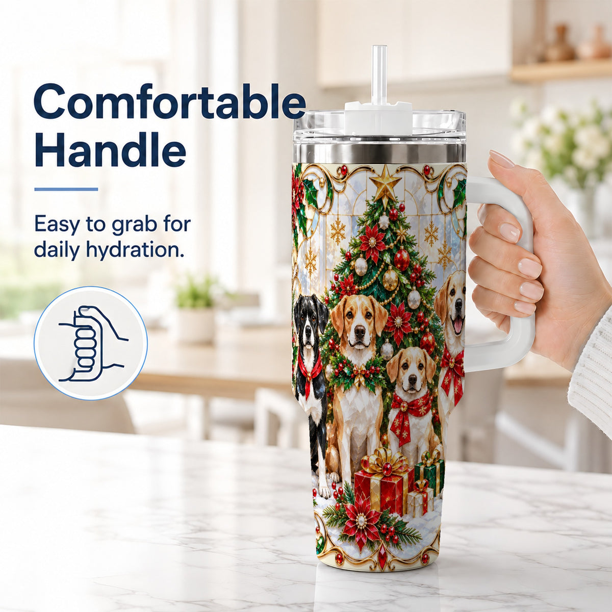 #pl[40oz|White] Christmas Dogs 40oz Tumbler with Handle, Holiday Stainless Steel Cup