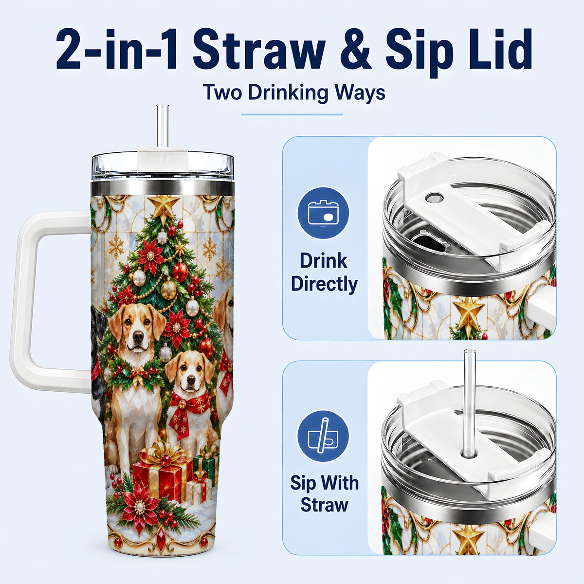 #pl[40oz|White] Christmas Dogs 40oz Tumbler with Handle, Holiday Stainless Steel Cup