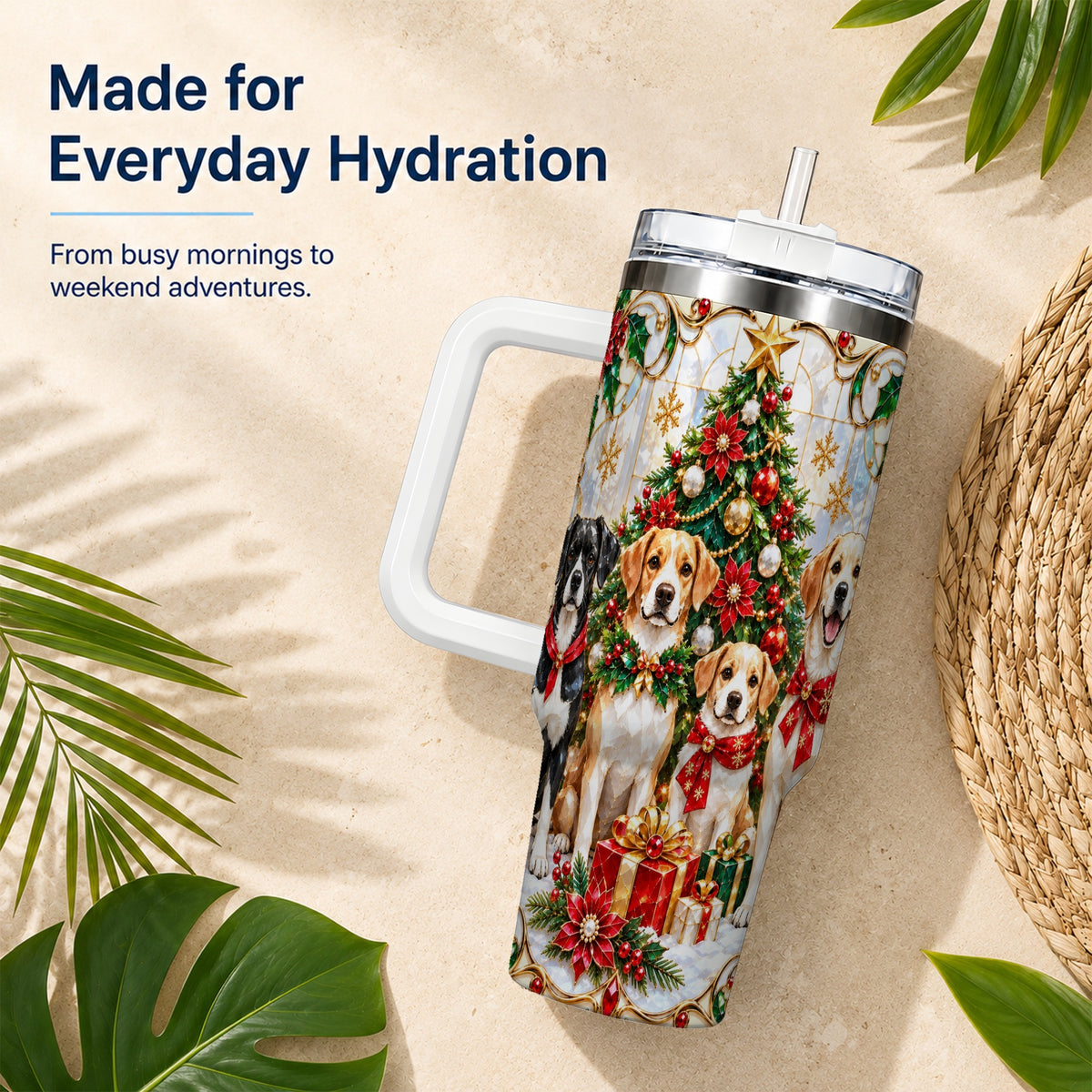 Christmas Dogs 40oz Tumbler with Handle, Holiday Stainless Steel Cup