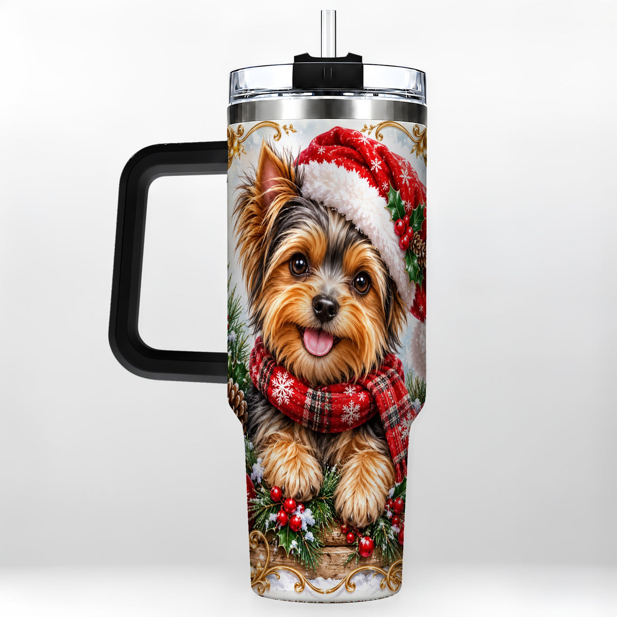 #pl[40oz|Black] Christmas Yorkie 40oz Tumbler with Handle, Holiday Stainless Steel Cup