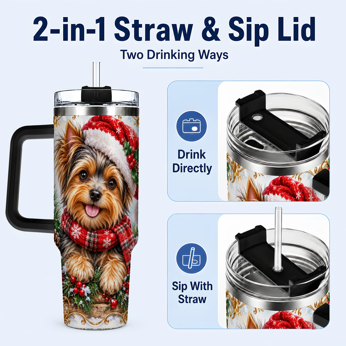 #pl[40oz|Black] Christmas Yorkie 40oz Tumbler with Handle, Holiday Stainless Steel Cup