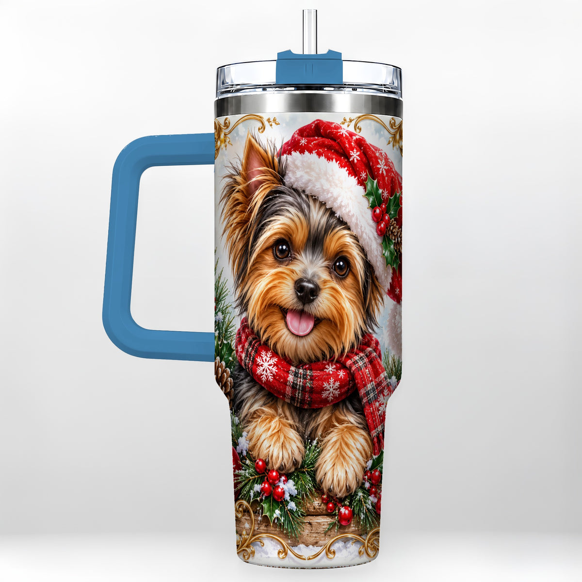 #pl[40oz|Blue] Christmas Yorkie 40oz Tumbler with Handle, Holiday Stainless Steel Cup