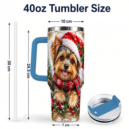 #pl[40oz|Blue] Christmas Yorkie 40oz Tumbler with Handle, Holiday Stainless Steel Cup
