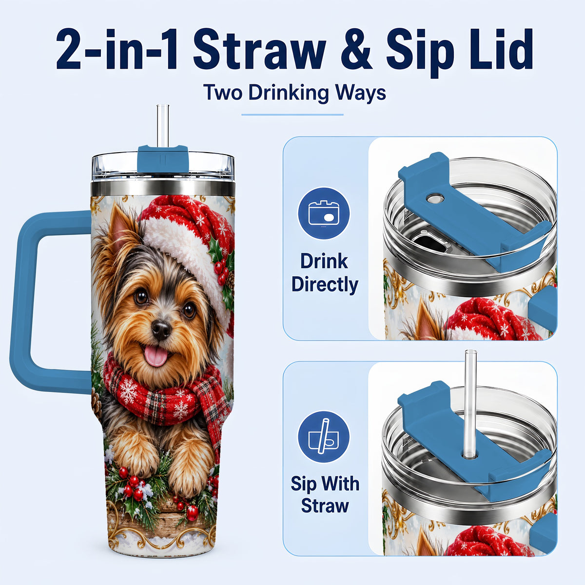 #pl[40oz|Blue] Christmas Yorkie 40oz Tumbler with Handle, Holiday Stainless Steel Cup