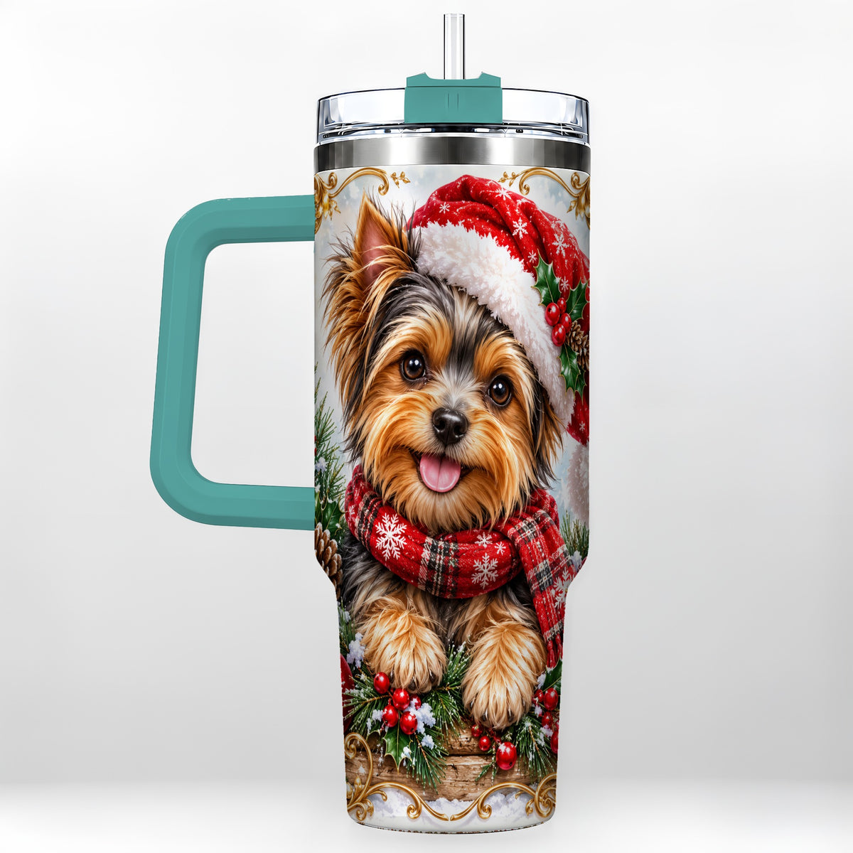 #pl[40oz|Green] Christmas Yorkie 40oz Tumbler with Handle, Holiday Stainless Steel Cup