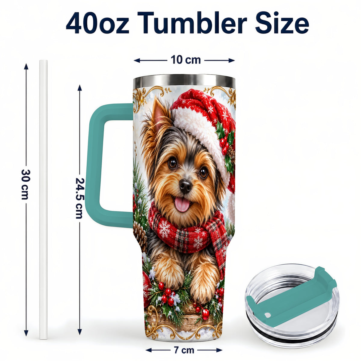 #pl[40oz|Green] Christmas Yorkie 40oz Tumbler with Handle, Holiday Stainless Steel Cup