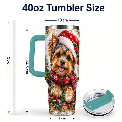 #pl[40oz|Green] Christmas Yorkie 40oz Tumbler with Handle, Holiday Stainless Steel Cup