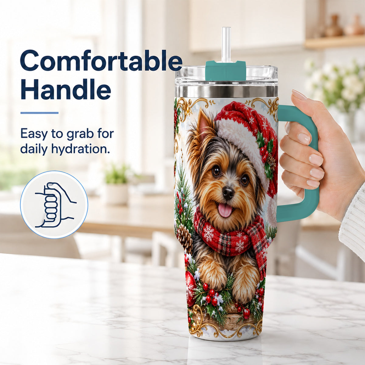 #pl[40oz|Green] Christmas Yorkie 40oz Tumbler with Handle, Holiday Stainless Steel Cup
