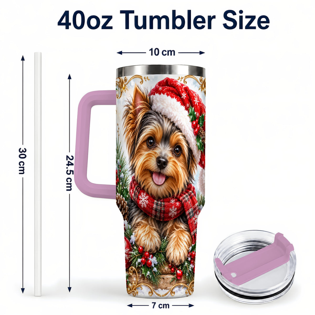 #pl[40oz|Pink] Christmas Yorkie 40oz Tumbler with Handle, Holiday Stainless Steel Cup