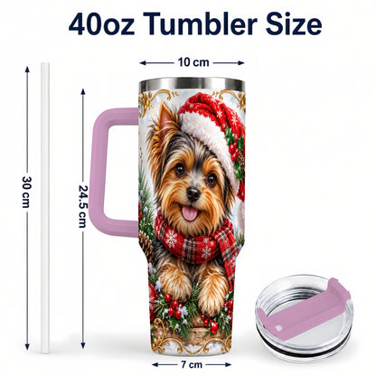 #pl[40oz|Pink] Christmas Yorkie 40oz Tumbler with Handle, Holiday Stainless Steel Cup