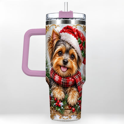 #pl[40oz|Pink] Christmas Yorkie 40oz Tumbler with Handle, Holiday Stainless Steel Cup