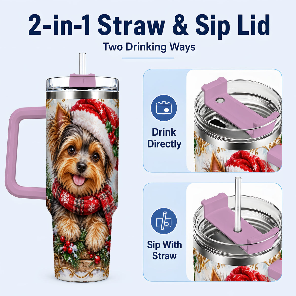 #pl[40oz|Pink] Christmas Yorkie 40oz Tumbler with Handle, Holiday Stainless Steel Cup