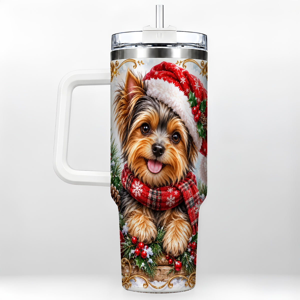 Christmas Yorkie 40oz Tumbler with Handle, Holiday Stainless Steel Cup