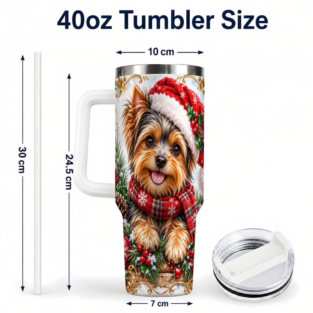 #pl[40oz|White] Christmas Yorkie 40oz Tumbler with Handle, Holiday Stainless Steel Cup