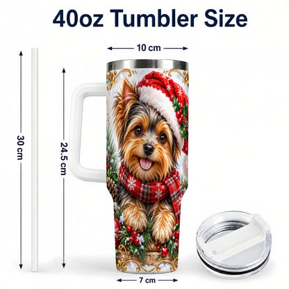 #pl[40oz|White] Christmas Yorkie 40oz Tumbler with Handle, Holiday Stainless Steel Cup