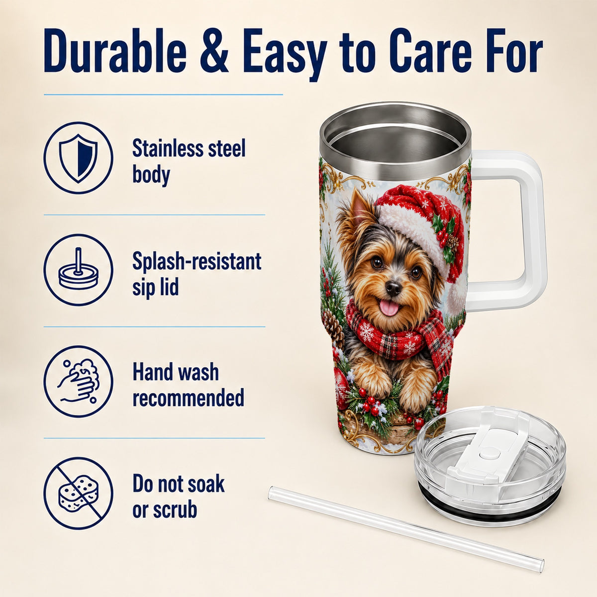 Christmas Yorkie 40oz Tumbler with Handle, Holiday Stainless Steel Cup