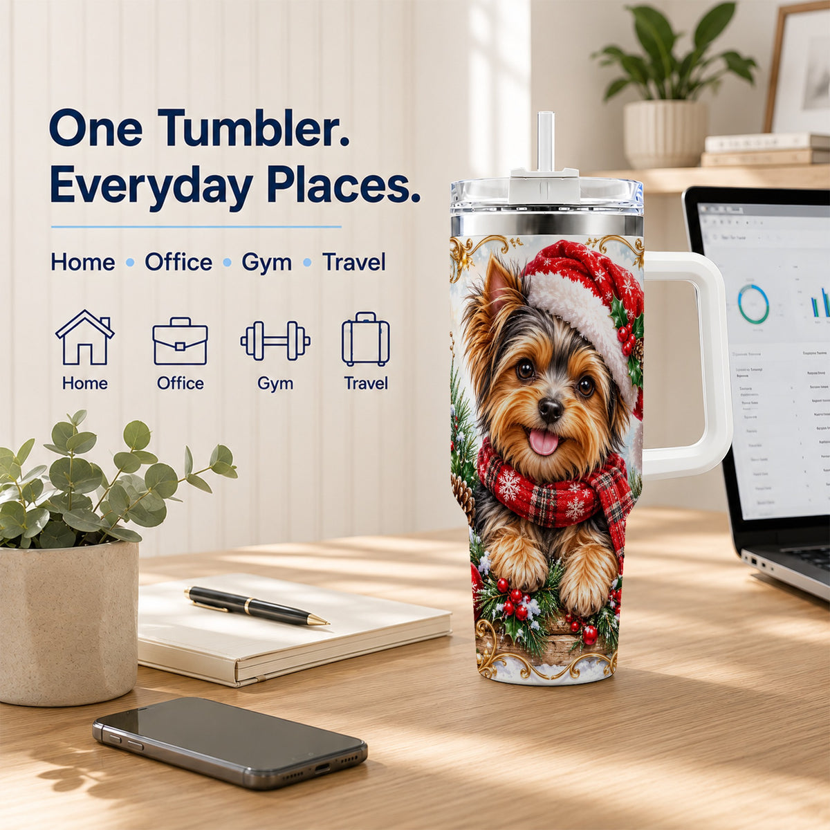 Christmas Yorkie 40oz Tumbler with Handle, Holiday Stainless Steel Cup