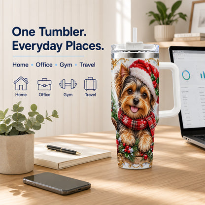 Christmas Yorkie 40oz Tumbler with Handle, Holiday Stainless Steel Cup