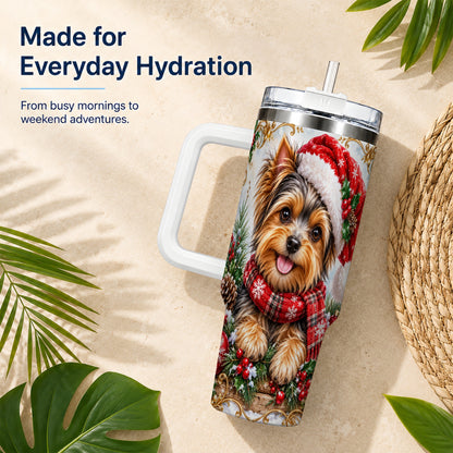 Christmas Yorkie 40oz Tumbler with Handle, Holiday Stainless Steel Cup