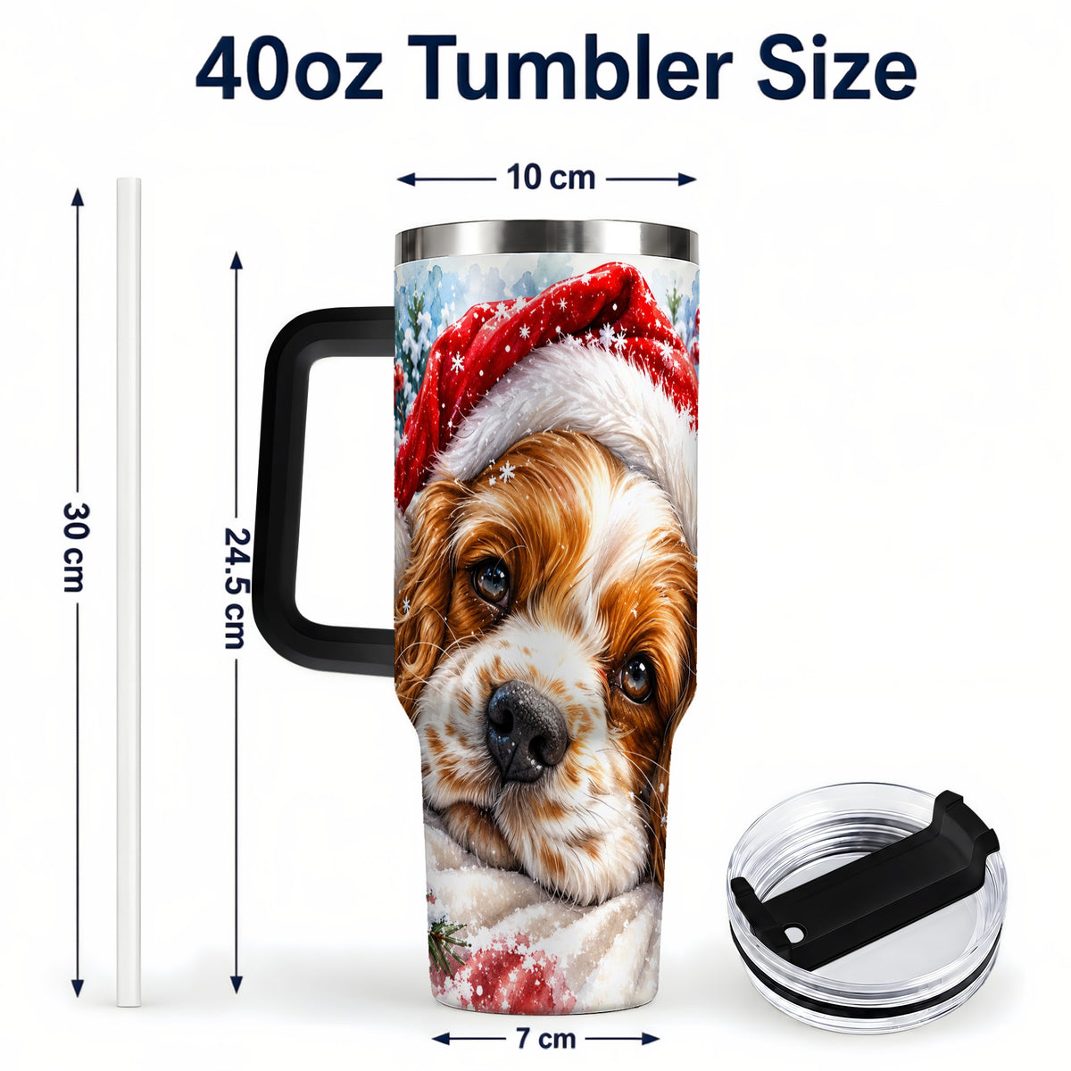 #pl[40oz|Black] Christmas Spaniel 40oz Tumbler with Handle, Dog Holiday Travel Cup