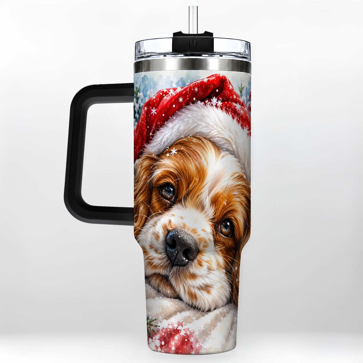 #pl[40oz|Black] Christmas Spaniel 40oz Tumbler with Handle, Dog Holiday Travel Cup