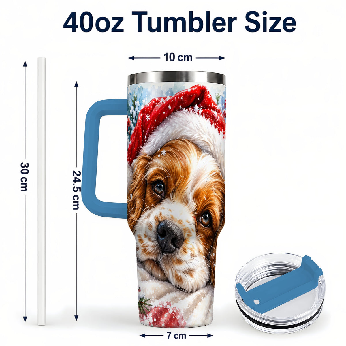 #pl[40oz|Blue] Christmas Spaniel 40oz Tumbler with Handle, Dog Holiday Travel Cup
