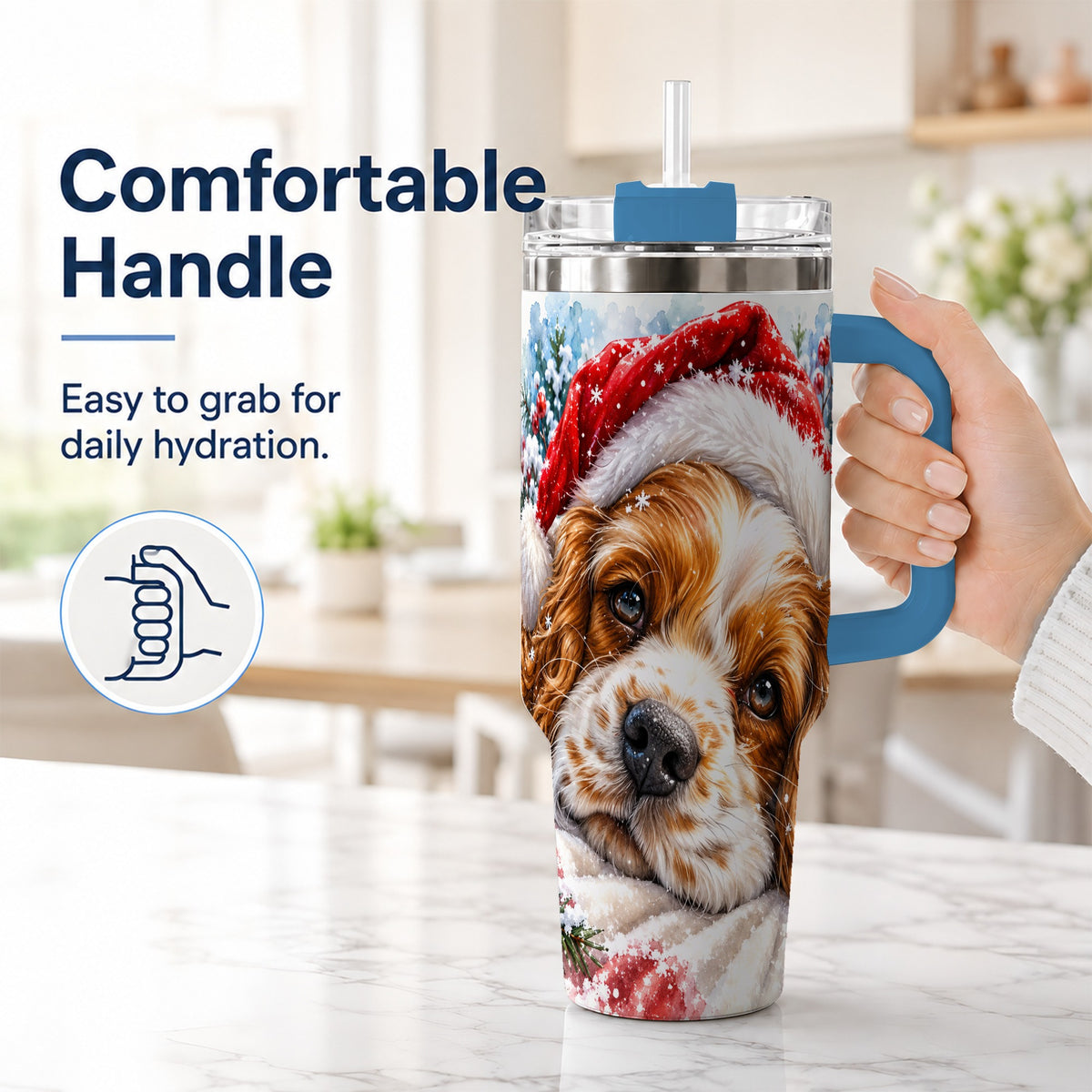 #pl[40oz|Blue] Christmas Spaniel 40oz Tumbler with Handle, Dog Holiday Travel Cup