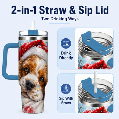 #pl[40oz|Blue] Christmas Spaniel 40oz Tumbler with Handle, Dog Holiday Travel Cup