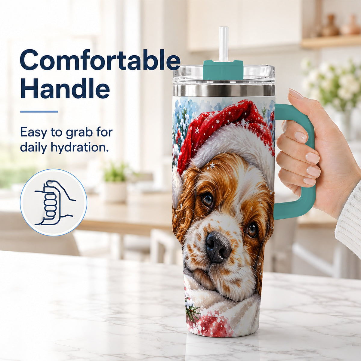 #pl[40oz|Green] Christmas Spaniel 40oz Tumbler with Handle, Dog Holiday Travel Cup