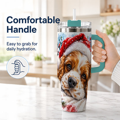 #pl[40oz|Green] Christmas Spaniel 40oz Tumbler with Handle, Dog Holiday Travel Cup