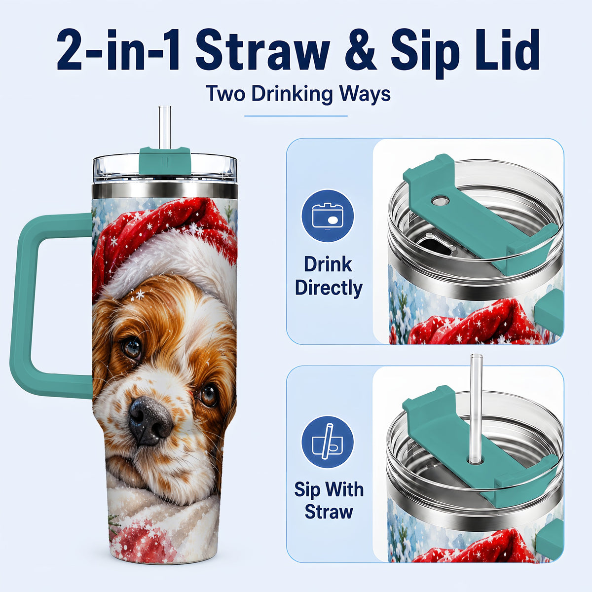 #pl[40oz|Green] Christmas Spaniel 40oz Tumbler with Handle, Dog Holiday Travel Cup