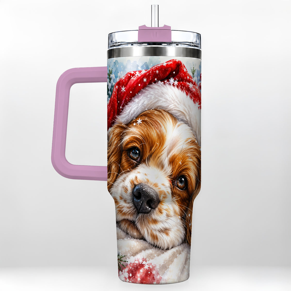 #pl[40oz|Pink] Christmas Spaniel 40oz Tumbler with Handle, Dog Holiday Travel Cup
