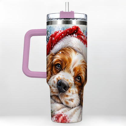 #pl[40oz|Pink] Christmas Spaniel 40oz Tumbler with Handle, Dog Holiday Travel Cup