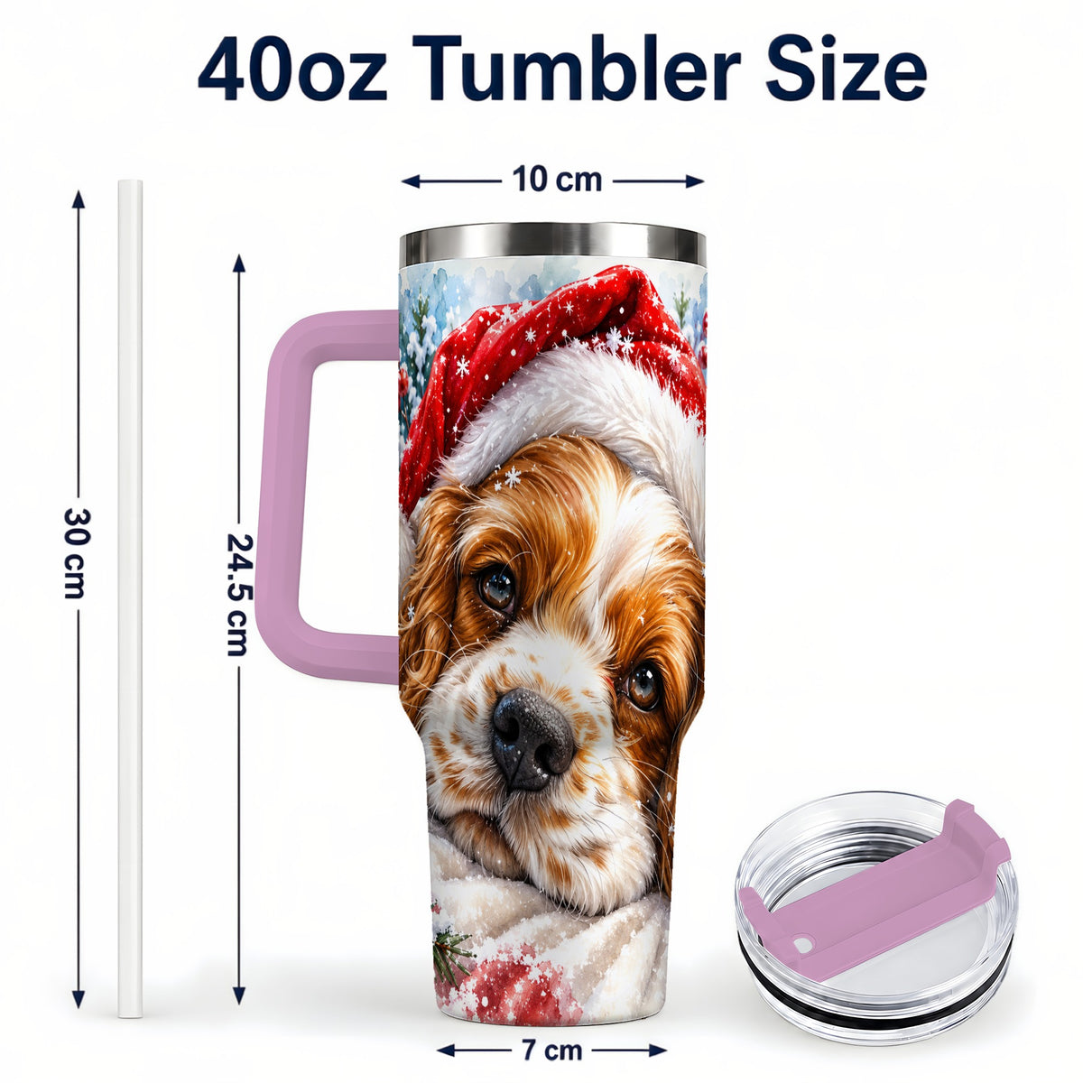 #pl[40oz|Pink] Christmas Spaniel 40oz Tumbler with Handle, Dog Holiday Travel Cup