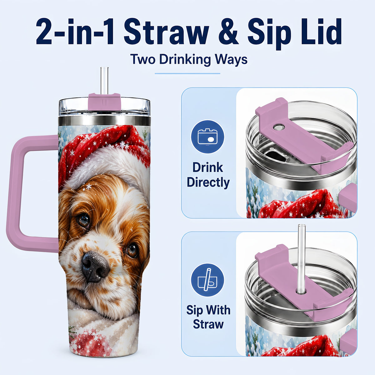 #pl[40oz|Pink] Christmas Spaniel 40oz Tumbler with Handle, Dog Holiday Travel Cup